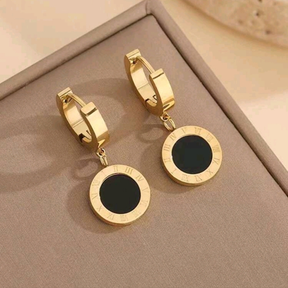 NEW Roman Numeral Gold Toned Stainless Steel Dangle Huggie Earrings